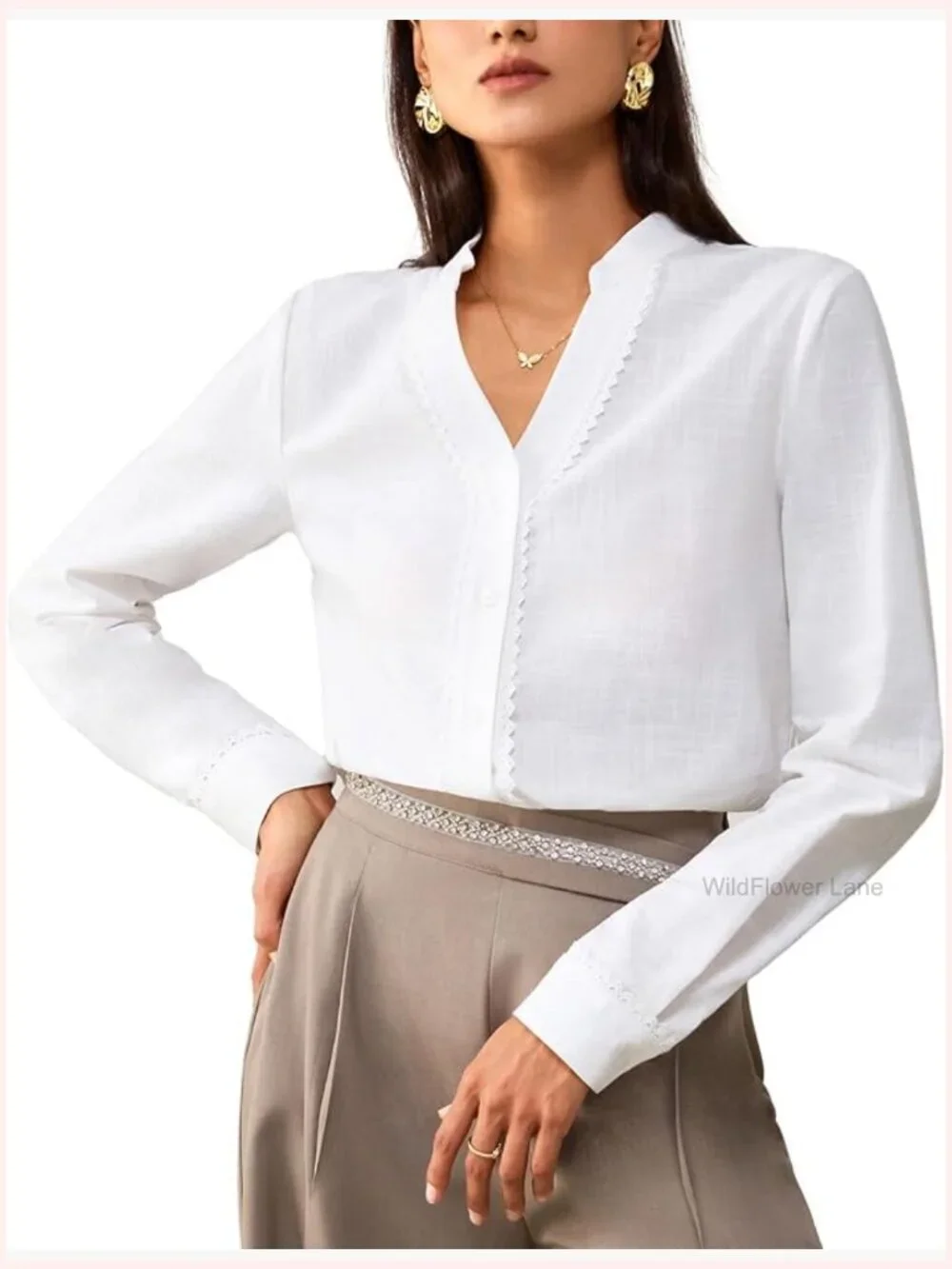 Long Sleeve Button Down Blouse with Lace Trim 100% Cotton Top